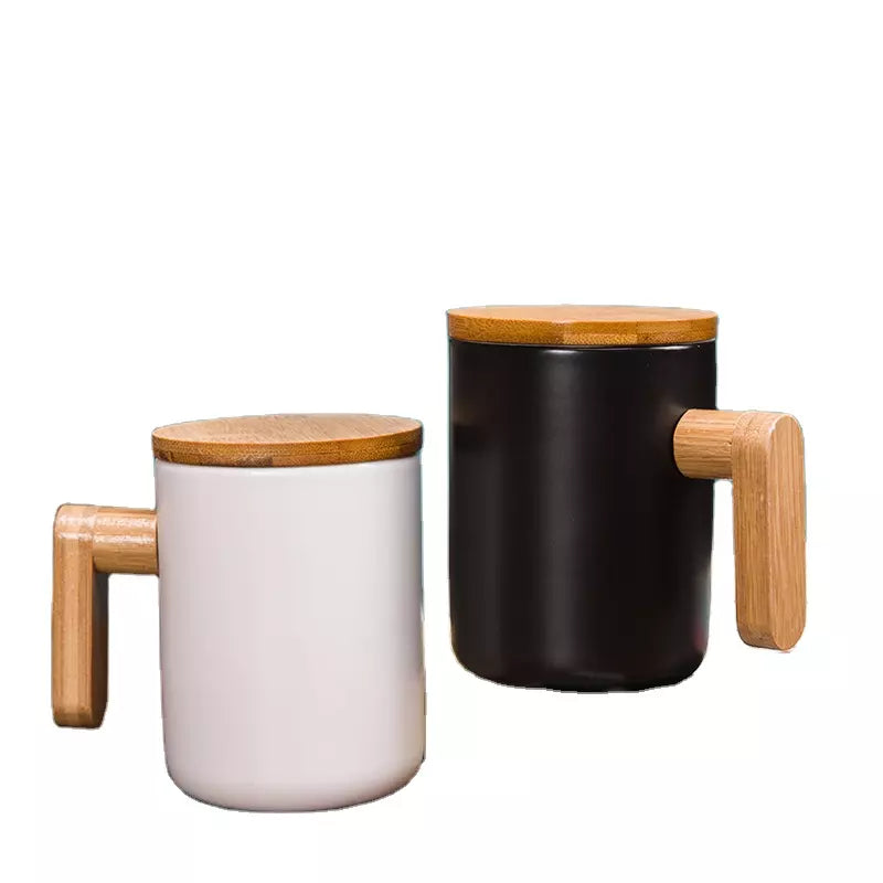 Ceramic Mug Black White Wooden Handle Tea Cups With Wooden Cover