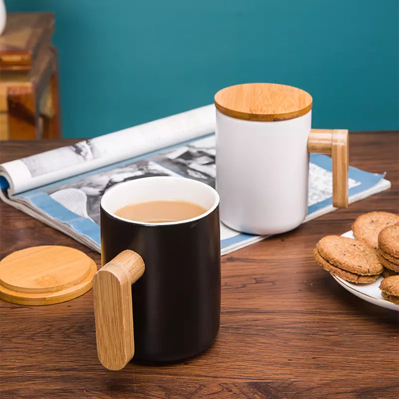 Ceramic Mug Black White Wooden Handle Tea Cups With Wooden Cover