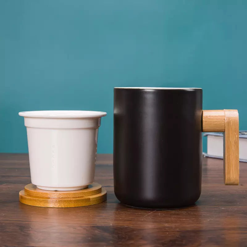 Ceramic Mug Black White Wooden Handle Tea Cups With Wooden Cover